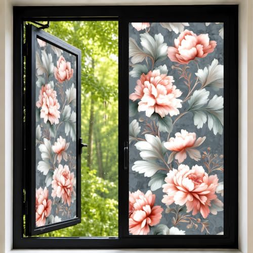 Vintage Floral Window Film, Decorative Static Cling Window Privacy Static Cling, 17.5 x 39.4 Inch Removable No Glue Window Film for Bathroom Bedroom Office by KKYEJLQYI
