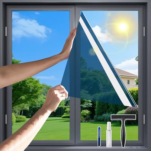 One Way Privacy Window Film，Flueen Shatterproof PET Window Tint for Heat Control & 99% UV Protection Blackout Window Treatment for Home, Office Doors with Eco-Adhesive Blue-Silver35.5"×78.7" by Flueen