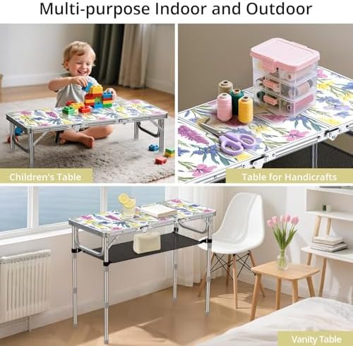 Anbte 3ft Folding Camping Table, 3 Adjustable Height Max 27.5",Floral Bloom - Image 4
