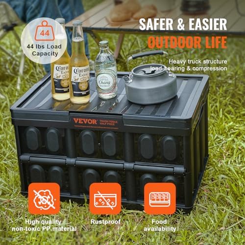 VEVOR 45L Collapsible Storage Bins with Lids 3 Packs, Stackable Utility Crates with Handles, Large Folding Containers for Organizing Tools, Snacks, Books, Food, Drinks, Camping & Transport - Image 4
