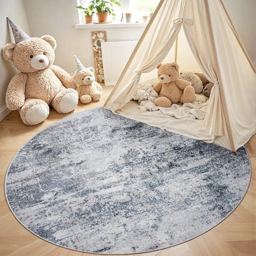Aelenmu Round Rug 5ft Washable Rug for Dining Room Living Room Blue Grey - Image 4