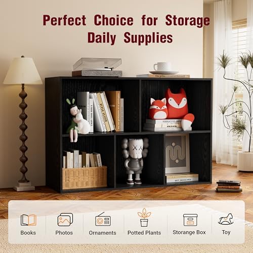 Book Shelf, Wooden Cube Storage Organizer with 11" Open Cubes, Stackable Modular Bookcase for Room Divider Storage, 2 Tier Bookshelf for Living Room, Bedroom, Office (Black, 5-Cube) - Image 6