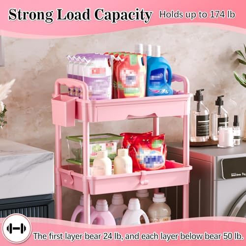 SUNALLY 4 Tier Rolling Cart with Drawer, Craft Storage Cart Organizer, Pink - Image 5