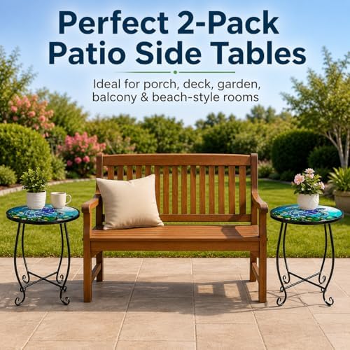 2-Pack 15 Inch Tall Mosaic Patio Side Tables Style, Metal Folding Turtle Table Set, Shatterproof Outdoor Patio Table for Porch Deck, Rust Resistant Small Garden Table (Set of 2) - Image 3