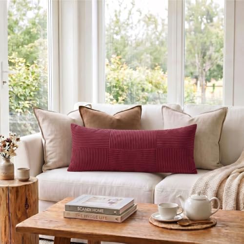 Fancy Homi Set of 2 Burgundy Boho Long Lumbar Body Decorative Throw Pillow Cover 14x36 Inch for Bed Couch Bedroom Bench, Soft Patchwork Corduroy Textured Pillow Case, Rustic Farmhouse Room Décor - Image 2
