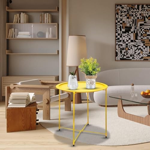 Garden 4 you Small Side Table, Round End Table, Outdoor Side Table with Metal Frame, Bedside Table for Living Room, Bedroom, Patio, Small Space, Yellow - Image 4