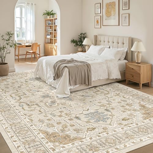 Madane 8x10 Area Rugs for Living Room, Non-Slip Washable Rug, Beige/Blue - Image 4
