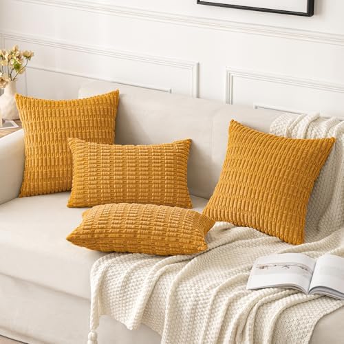 MIULEE Corduroy Decorative Throw Pillow Covers 16x16 Gold Yellow Pack of 2 - Image 2