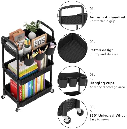 MOYIPIN 3-Tier Plastic Rolling Utility Cart with Handle,Utility Storage Cart for Office, Living Room, Kitchen,Movable Storage Organizer Shelves,Black with 3 Hanging Cups - Image 6