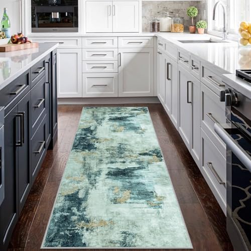 Runner Rugs for Hallways Kitchen 2.6x8 Non Slip Washable Teal Grey Gold - Image 3