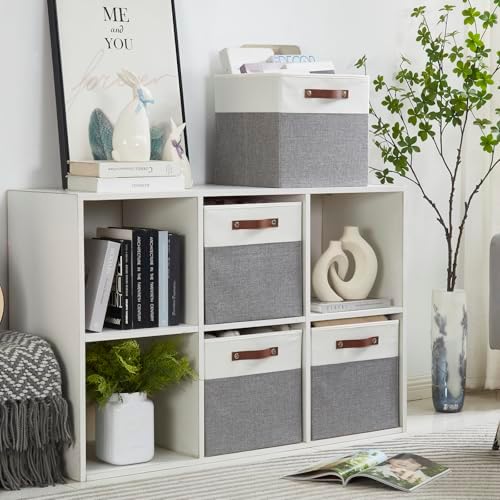 Bagnizer 13x15x13 Storage Cube Bins, Foldable Storage Organizer Baskets, Fabric Cube Storage Boxes with 2 Reinforced PU Handles for Kallax, Shelves, Living Room | 4 Pack, Gray & White - Image 7