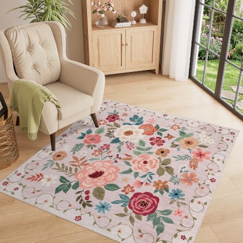 DUKINO 4x4 Square Area Rug, Soft Floral Washable Rug for Entryway, Beige - Image 3