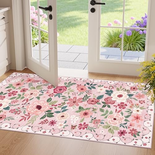 DUKINO 2x4 Entryway Rug, Floral Washable Kitchen Rugs Non Slip, Pink by DUKINO