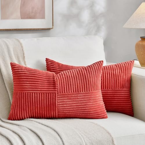Fancy Homi 2 Packs Red Long Lumbar Decorative Throw Pillow Covers 12x24 Inch for Couch Bed Sofa, Holiday Christmas Home Decor Gift, Soft Striped Corduroy Rectangle Accent Cushion Case 30x60 cm by Fancy+Homi