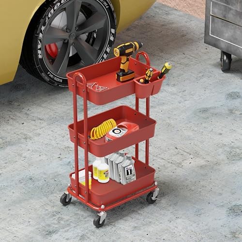 Simple Houseware 3-Tier Rolling Utility Cart with Hanging Bucket, Red - Image 5