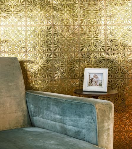 Main Street Peel and Stick Wallpaper Tiles, Gold & Green Leaves, 24-Pack - Image 2