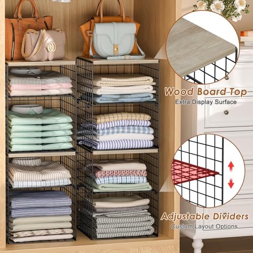 4-Tier Stackable Closet Organizers and Storage, Adjustable Dividers & Wood Top Storage Shelves for Clothes, Wardrobe & Closet Storage Basket Bins/Cube, Space-Saving Closet Organizer System, Black - Image 5