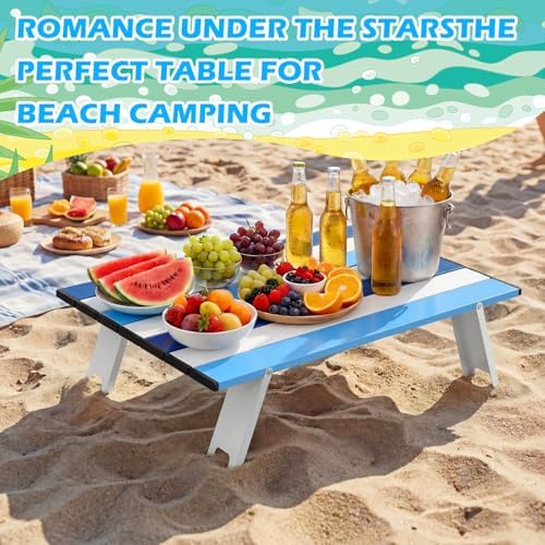 CroBlissful Beach Table Folding Camping Portable Table Striped White Aluminum Side with Carry Bag for Summer Camping Picnics and Outdoor Activities(22x16x5 in,Navy Blue) - Image 4