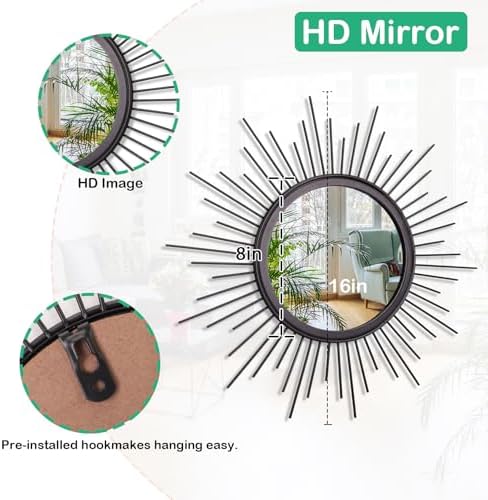 Black Sunburst Spoked Mirrors for Wall Boho Home Round Wall Art Mirror Classic Metal Modern Hanging Mirror Living Room Hallway Bathroom Bedroom Office Vanity Entryway 16" - Image 7