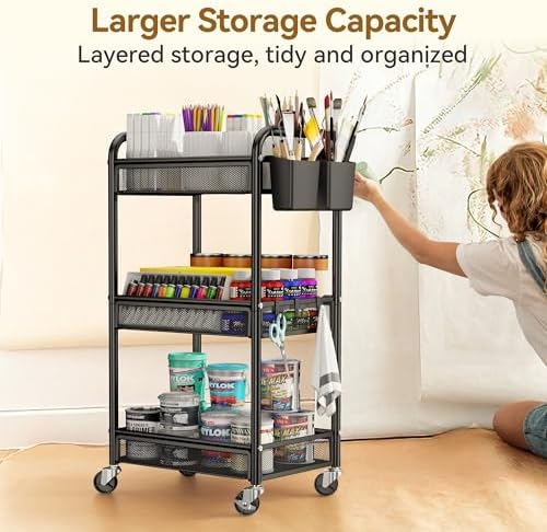 YASONIC 3 Tier Metal Rolling Cart, Black Utility Storage Cart with Wheels - Image 4