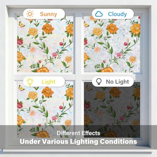Donox Stained Glass Window Film, Floral Pattern Rainbow Light Decorative Cling, UV Block Privacy Film, Static Cling Removable No Glue for Living Room Home Office, 17.5 x 78.7 Inches - Image 5