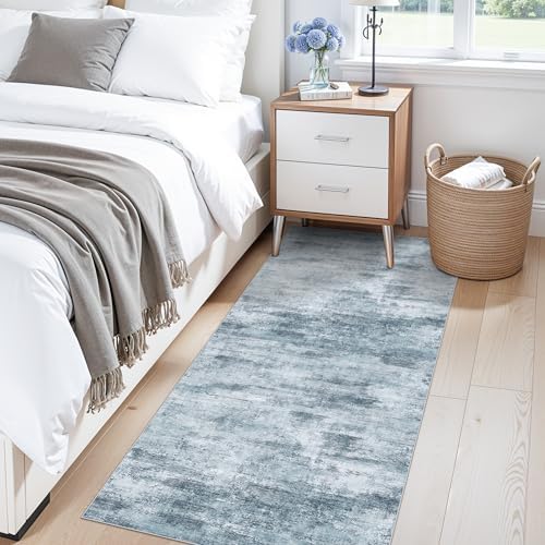 2x5 Non-Slip Washable Runner Rug – Modern Neutral Abstract Small Rug for Hallway, Kitchen, Bathroom, Bedroom, Entryway, Laundry Room – Thin Soft Low-Pile Rubber Backing (Blue Grey) - Image 4