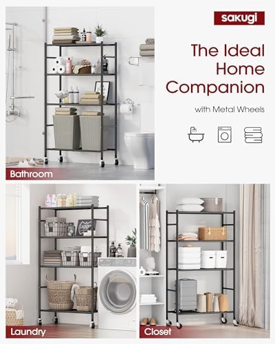 Sakugi 4-Tier Storage Shelves 33.1" x12.6" x58.9" Black with Wheels - Image 6