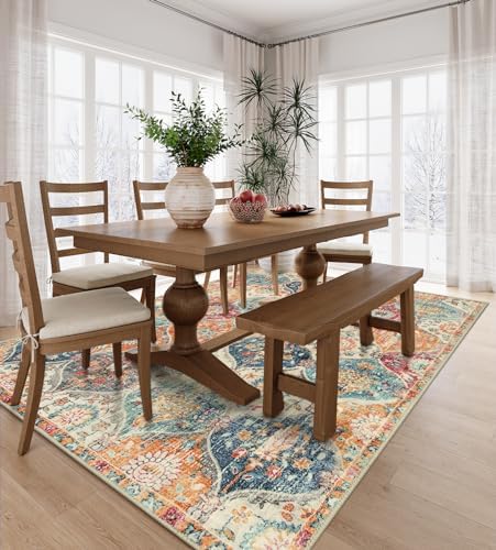 Lahome Moroccan 5x8 Area Rug, Ultra-Thin Washable Rugs for Living Room Bedroom, Soft Large Oriental Non-Slip Non Shedding Throw Large Carpet for Dining Room Office Elise, Cream/Multi - Image 3