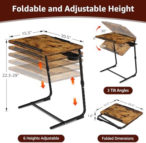 TV Trays Set of 4 - Folding TV Tray Adjustable Dinner Trays for Eating On Couch Wooden Tables Mate Stand Foldable Rustic Desk with Cup Holder Portable - Image 3