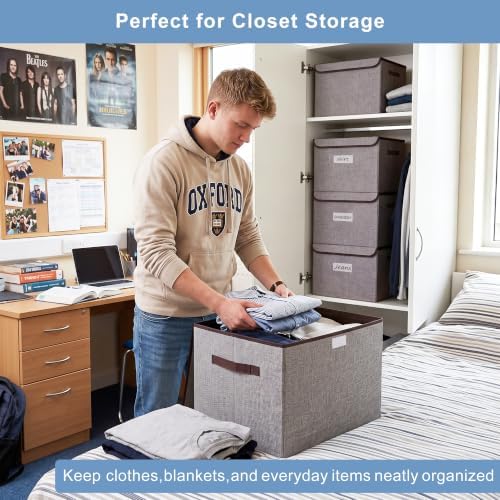 Bagnizer Large 42 Quarts Fabric Storage Bins with Lids [2-Pack] Linen Collapsible Foldable Storage Cubes, Closet Organizer Containers boxes with Handles for Home Office (16.7 x 12 x 12, Gray) - Image 3