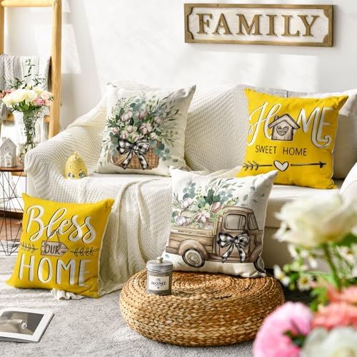 AVOIN colorlife Bless Our Home Farmhouse Eucalyptus Leaves Throw Pillow Covers, 20 x 20 Inch Yellow Truck Home Sweet Cushion Case Decorations Set of 4 - Image 2