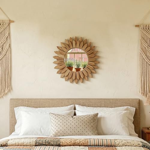 24" Round Sunburst Wooden Mirror Boho Rustic Wall Decor - Image 7
