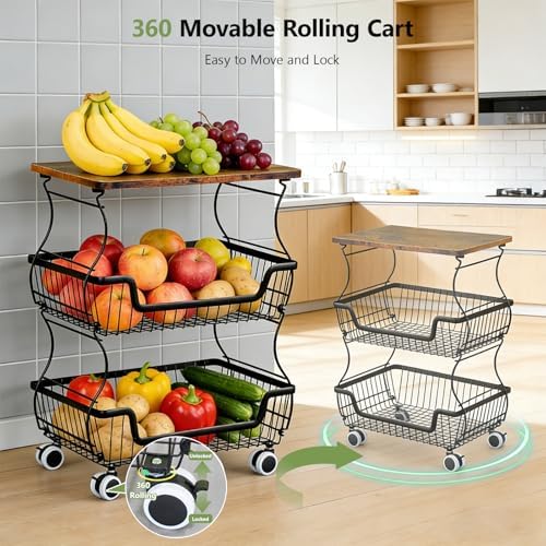 Kitchen Storage Cart on Wheels, 3 Tier Rolling Stackable Pantry Floor Organizer, Kitchen Fruit Basket Stand for Home Removable Metal Vegetable Rack Wire Snack Cart - Image 4