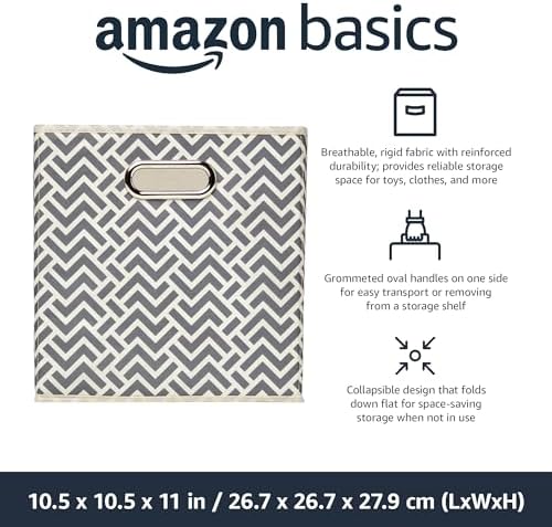 Amazon Basics Collapsible Storage Bins with Handle, Space-Saving, Breathable Cube Organizer, 10.5" x 10.5" x 11", Chevron Grey, 6-Pack - Image 2