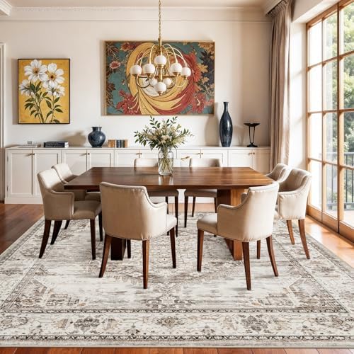 8x8 Area Rug Washable Living Room Rugs: 8ft Square Ultra Thin Soft Oriental Area Rugs Non-Slip Backing Farmhouse Rug Low Pile Thin Stain Resistant Indoor Carpets, 8' x 8' Beige - Image 2