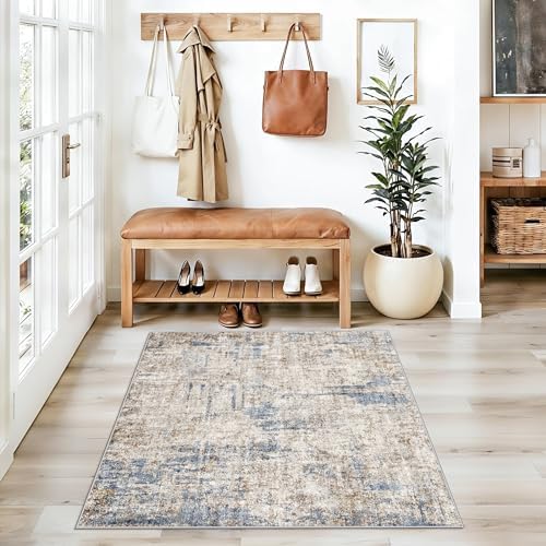 3x3 Square Entryway Rug Washable – Non-Slip Small Area Rug for Kitchen or Bathroom, Soft Low-Pile Indoor Mat, Modern Abstract Thin Door Carpet (Blue Brown) - Image 5