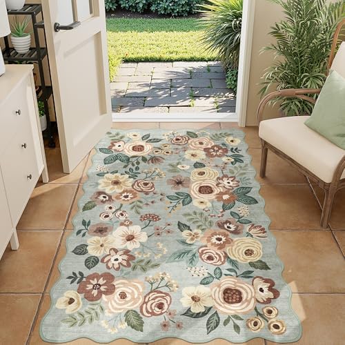 DUKINO 3x5 Area Rugs, Non Slip Floral Washable Rug for Bedroom, Sage Green by DUKINO
