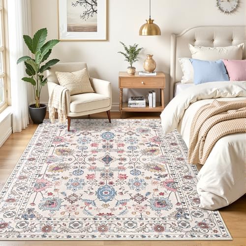 Hanples 4x6 Area Rugs for Living Room, Washable Rug Vintage Floral, Beige - Image 2