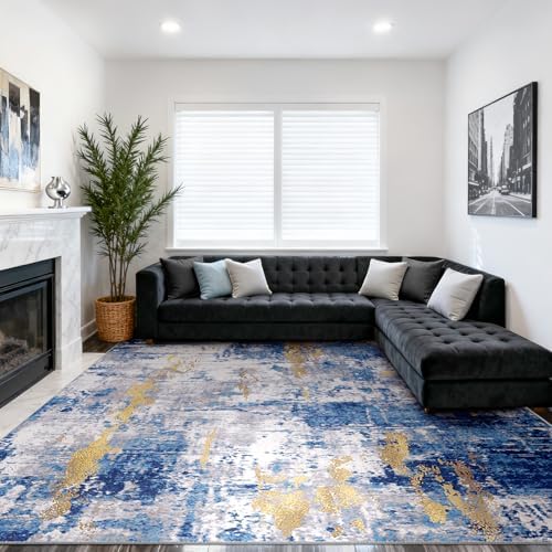 RELEANY Washable 10'x14' Abstract Area Rug for Living Room Blue Gold - Image 2