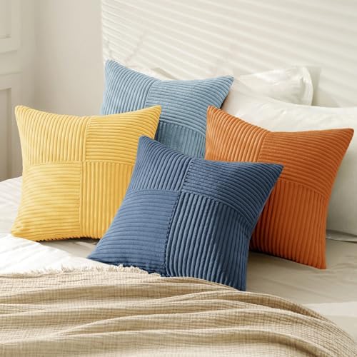 MIULEE Summer Yellow Blue Decorative Throw Pillow Covers 18x18 Inch Set of 4 Soft Corduroy Boho Patchwork Pillow Covers Modern Farmhouse Bright Home Decor for Sofa Living Room Couch Bed - Image 4