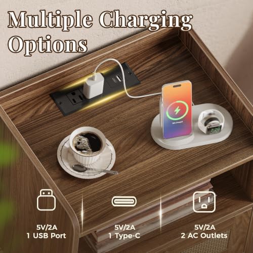 SUPERJARE Nightstands Set of 2, Night Stands with Charging Station, Walnut - Image 4
