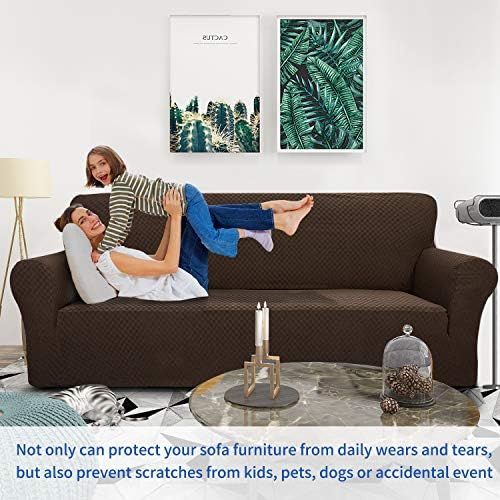 ZNSAYOTX 1 Piece Jacquard Couch Covers for 2 Cushion Couch High Stretch Loveseat Slipcover for Pets Dogs Anti Slip Love Seat Sofa Slipcover Furniture Protector (Loveseat, Dark Coffee) - Image 2