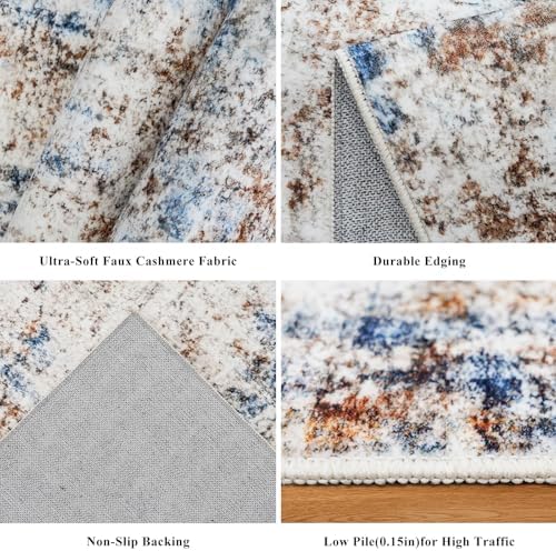 12x14 Area Rug for Living Room – Washable Non-Slip Soft Extra Large Carpet for Bedroom Dining Room Family Room, Modern Neutral Abstract Low Pile Thin Indoor Big Rug（Blue Brown） - Image 4