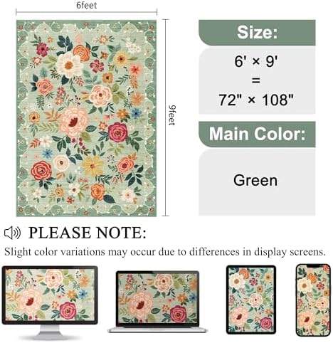 DUKINO 6x9 Area Rugs, Floral Washable Rug for Bedroom Non Slip, Green - Image 2