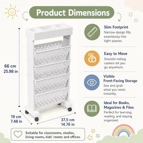 5-Tier Rolling Bookshelf Cart with Wheels, White - Image 3
