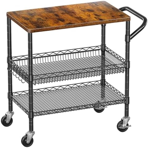 WDT 3 Tier Rolling Carts with Wheels, Heavy Duty Rolling Utility Cart with Wood Tabletop, Commercial Grade Metal Cart with Handle and Hooks, NSF Storage Serving Carts for Kitchen Island, Wood+Metal by WDT