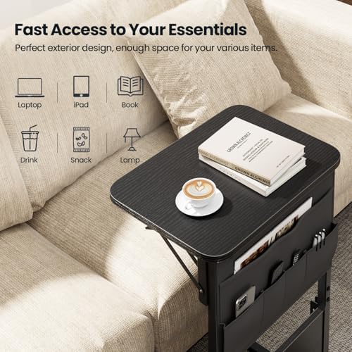 HLDIRECT C Shaped End Table with Charging Station & Storage Bag Black - Image 5