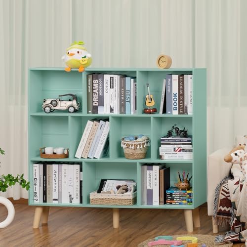 LEYAOYAO 10 Cube Bookshelf, Mid-Century Modern Book Shelf with Legs, Green - Image 5