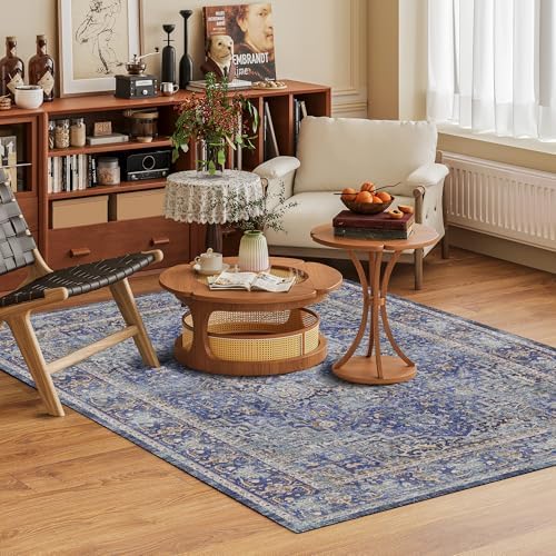 Washable Area Rug 3' x 5 ' Vintage Traditional Persian Mat - Foldable Distressed Non-Slip Machine Washable Carpet for Living Room Bedroom Kitchen Home Decor - Indigo and Gold - Image 2