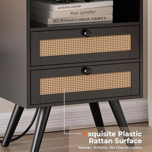 SUPERJARE Night Stand with Charger Station, Boho Rattan Nightstand Set of 2 - Image 6